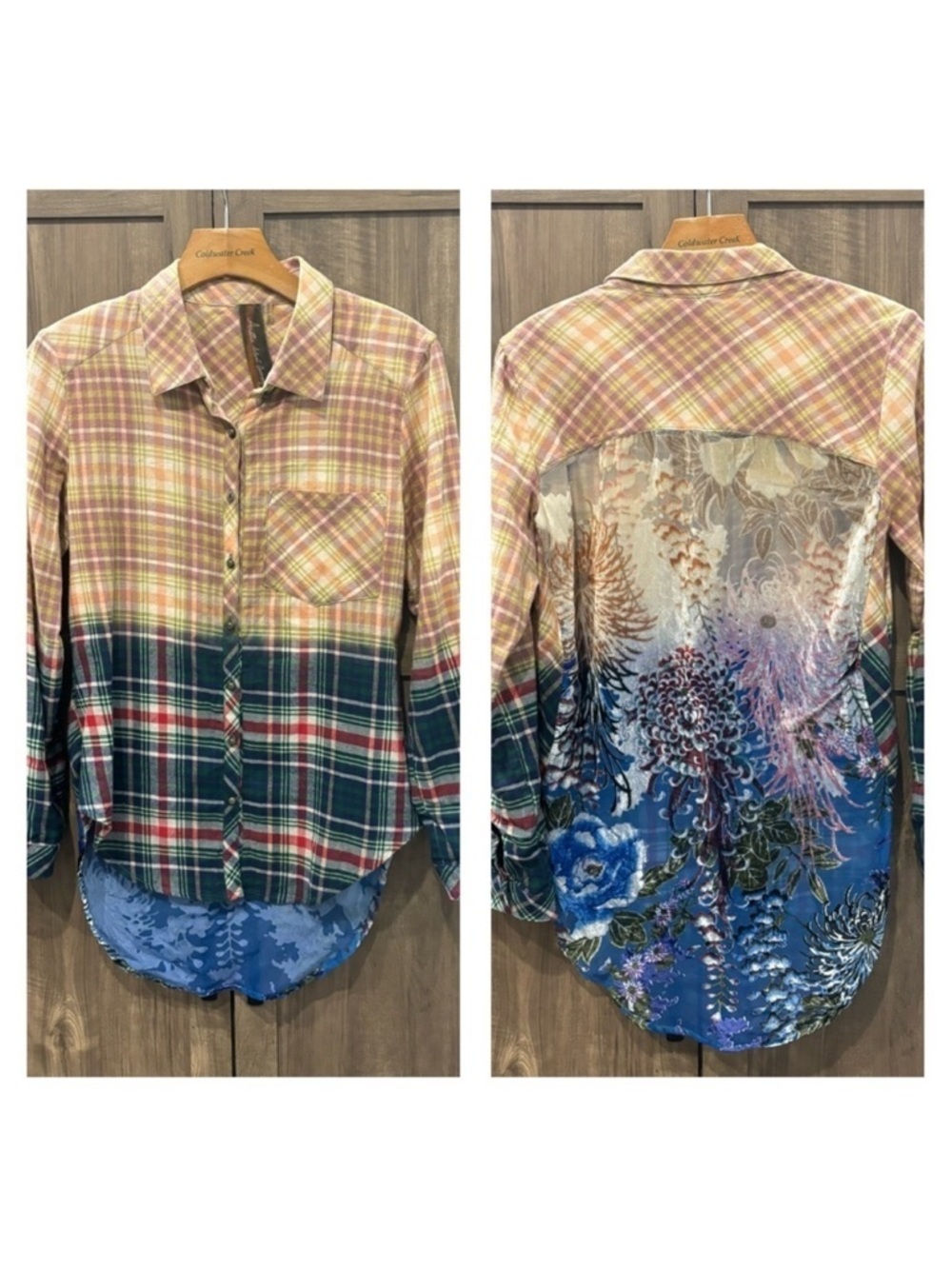 Aratta Mixed Plaid and Floral Button-Up Shirt in Pink, Green, Blue
